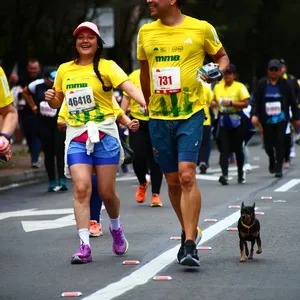 Padre corre junto con su hija y mascota