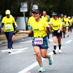 Mujer corriendo mientras anima a otros atletas